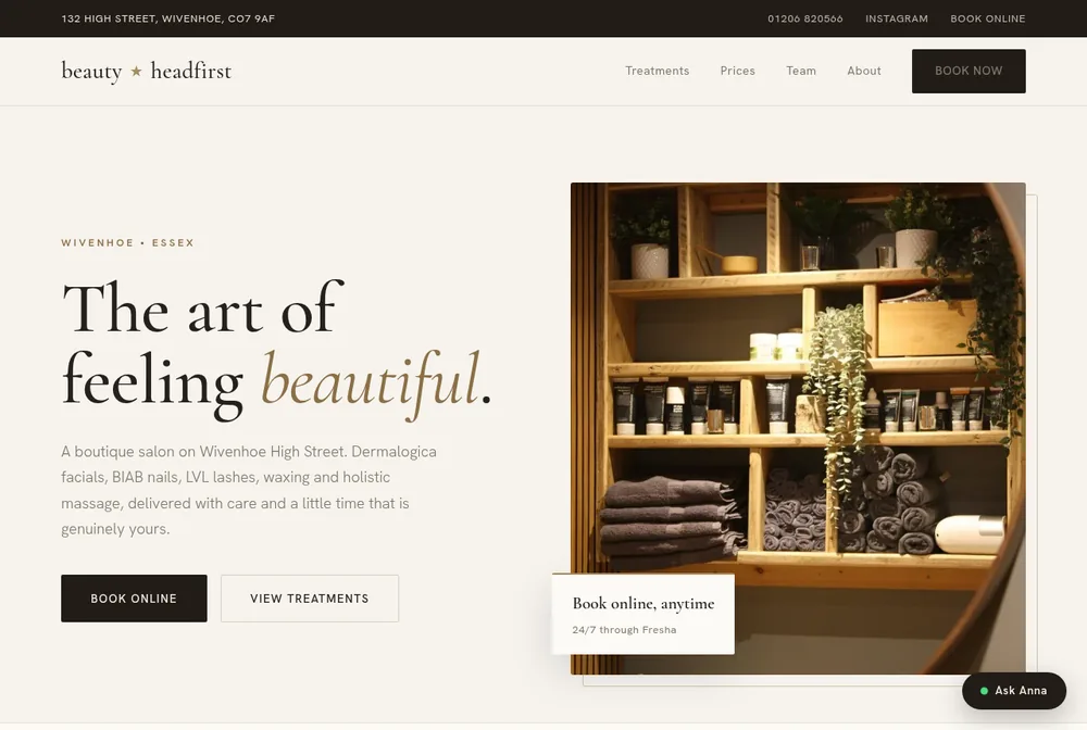 Beauty at Headfirst salon website homepage, built by Your Website For Free